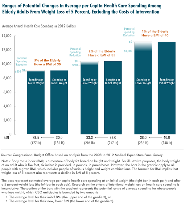 Ranges of Potential Changes in Average per Capita Health Care Spending Among Elderly Adults From Weight Loss of 5 Percent, Excluding the Costs of Intervention